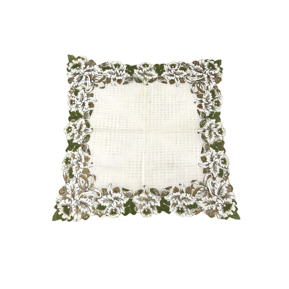 White Handkerchief w/ Green Gold Floral Border Vintage Bridal Accessory